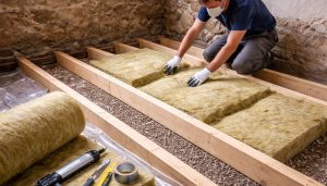 Installation de laine minérale sous plancher