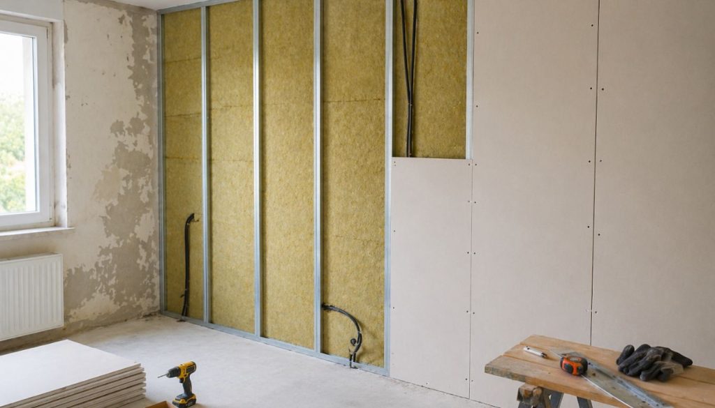 Salle en rénovation avec isolation et plaques de plâtre