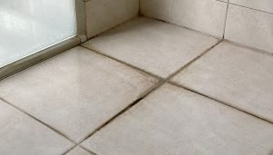Coin de douche carrelé humide et taché