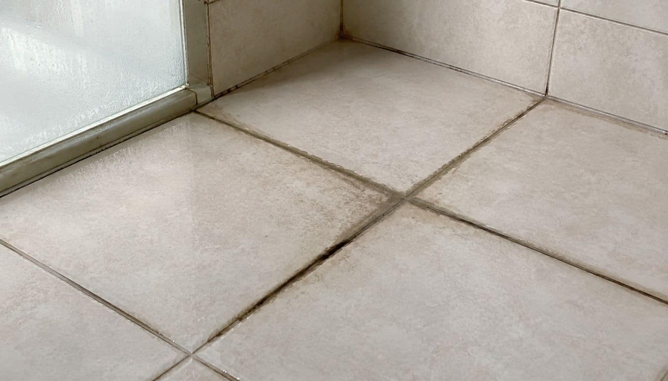 Coin de douche carrelé humide et taché