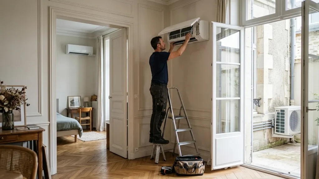 Un installateur vérifie deux unités intérieures reliées à un groupe extérieur dans une maison française.
