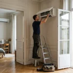 Un installateur vérifie deux unités intérieures reliées à un groupe extérieur dans une maison française.