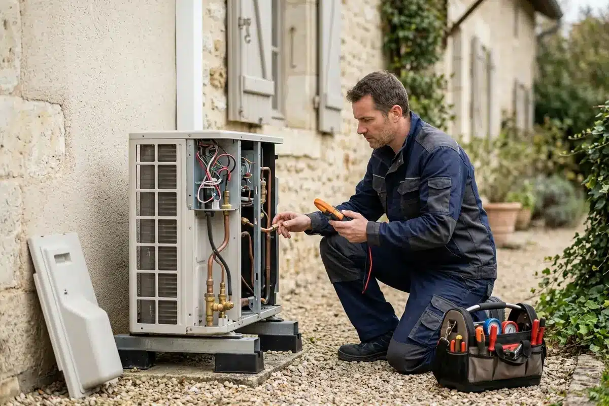 Un frigoriste contrôle les raccordements et l’alimentation électrique d’un groupe extérieur de climatisation.