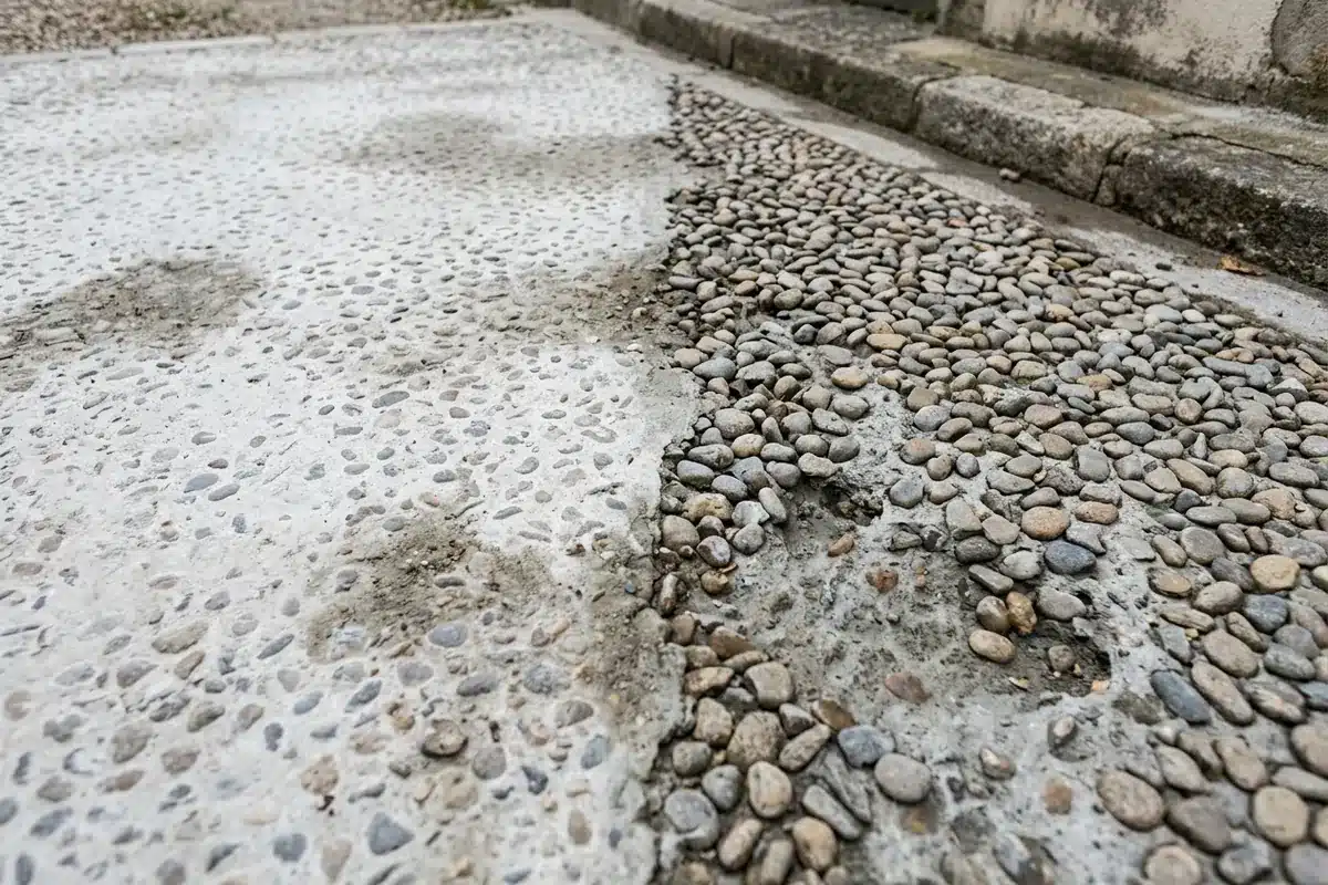 Dalle de béton désactivé avec une zone sous-lavée à pâte blanchâtre et une zone sur-lavée aux graviers déchaussés