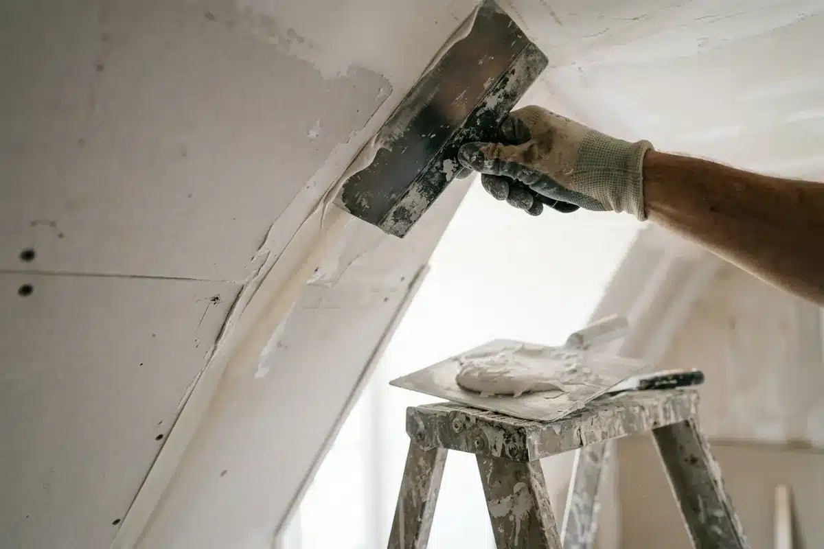 Application de l'enduit et de la bande à joint à la jonction entre un mur en placo et le plafond avec un couteau à enduire