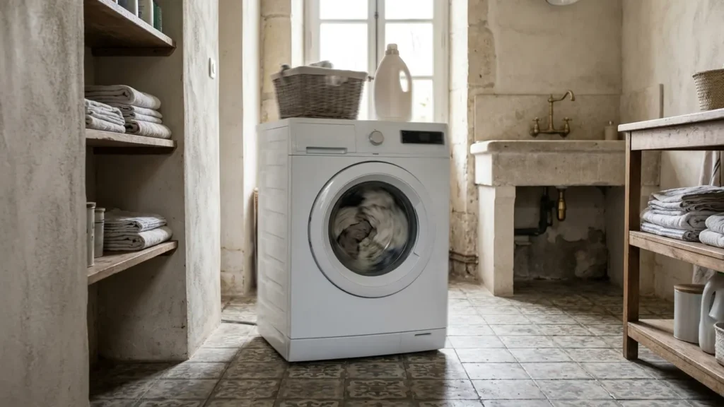 Un lave-linge secoue sur le carrelage pendant l’essorage, avec du linge mal réparti dans le tambour.