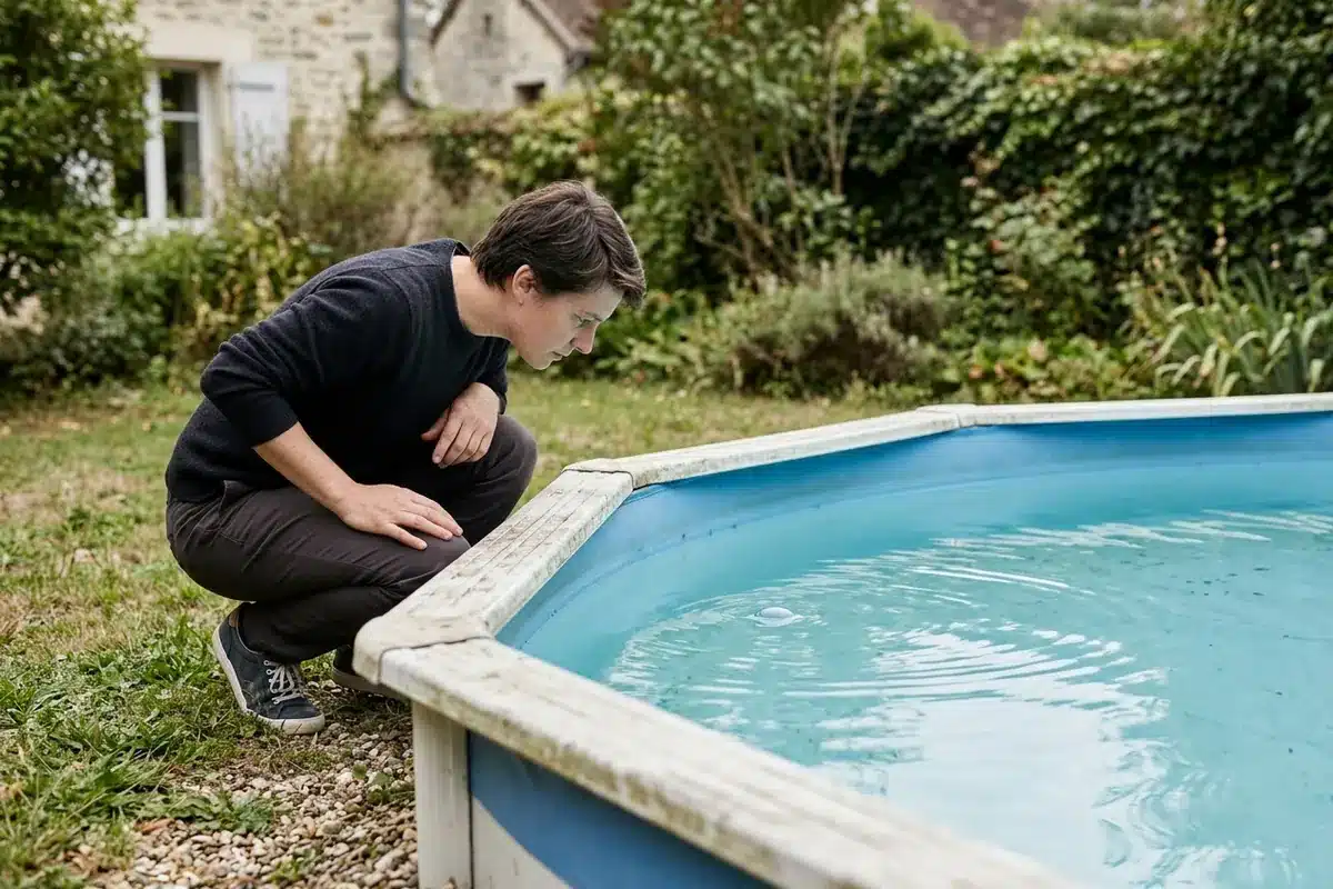 Une bosse sous le liner d’une piscine hors-sol remplie est observée sans tirer sur le revêtement