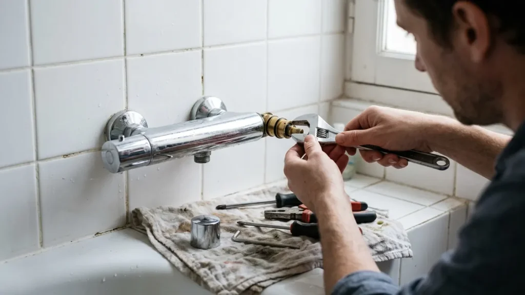Cartouche extraite d’un mitigeur thermostatique Grohe 230 dans une salle de bains