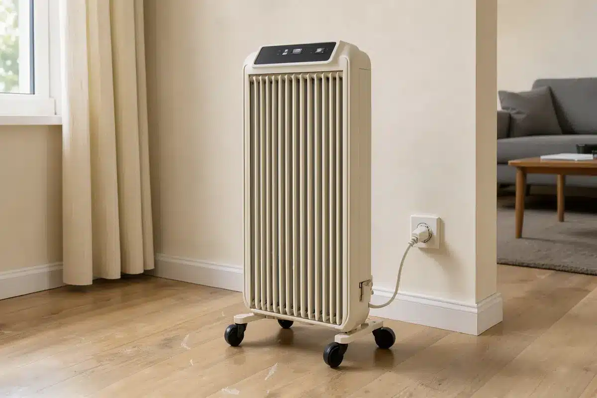Un radiateur bain d’huile stable, éloigné des rideaux et branché directement sur une prise murale.