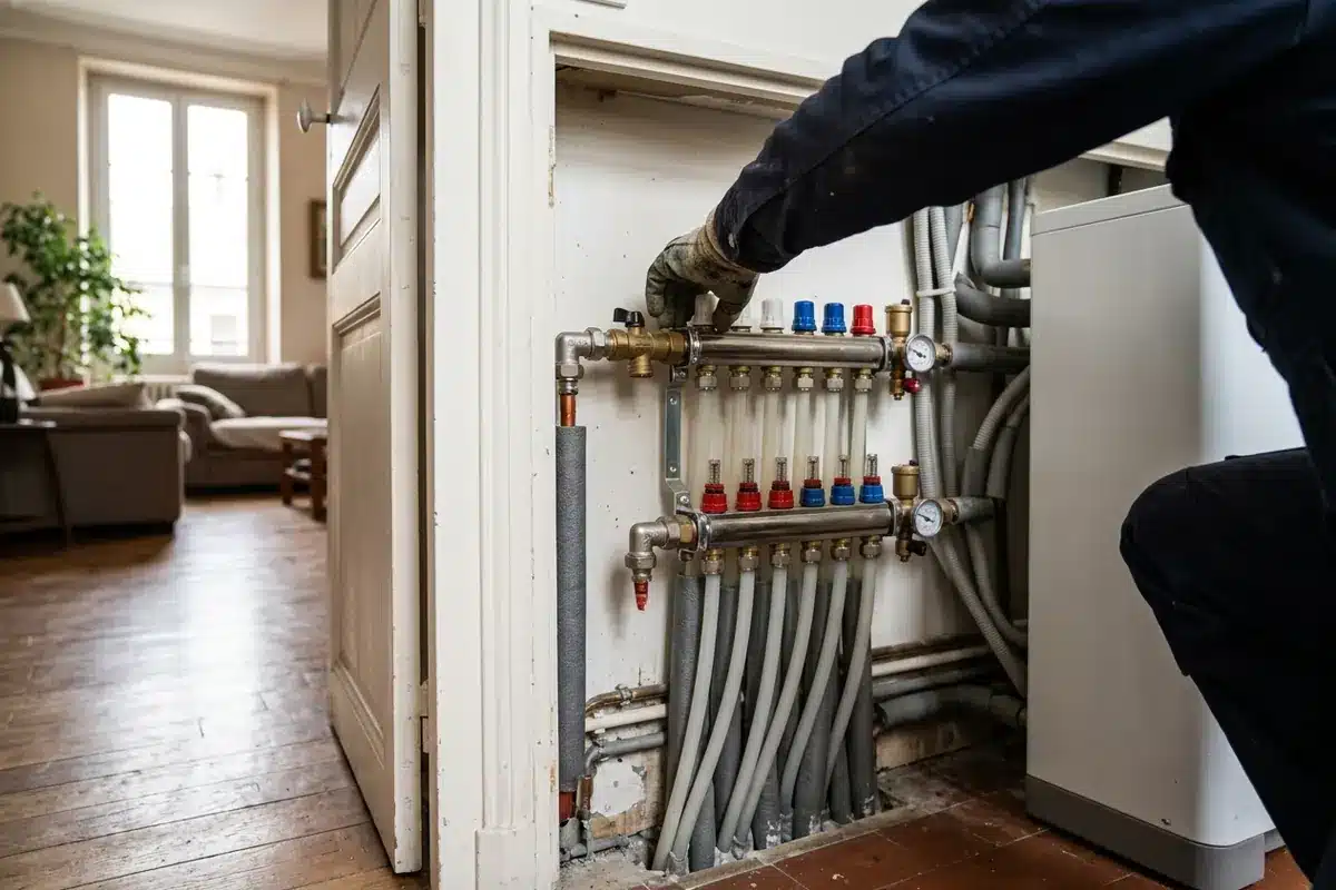 Un technicien vérifie le collecteur hydraulique d’un plancher rafraîchissant