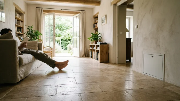 Un salon français au sol carrelé équipé d’un plancher rafraîchissant