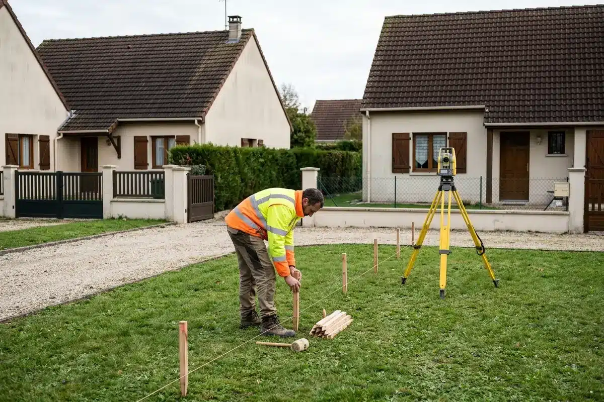 Géomètre posant un piquet de bornage entre deux jardins pavillonnaires, avec son appareil de mesure sur trépied