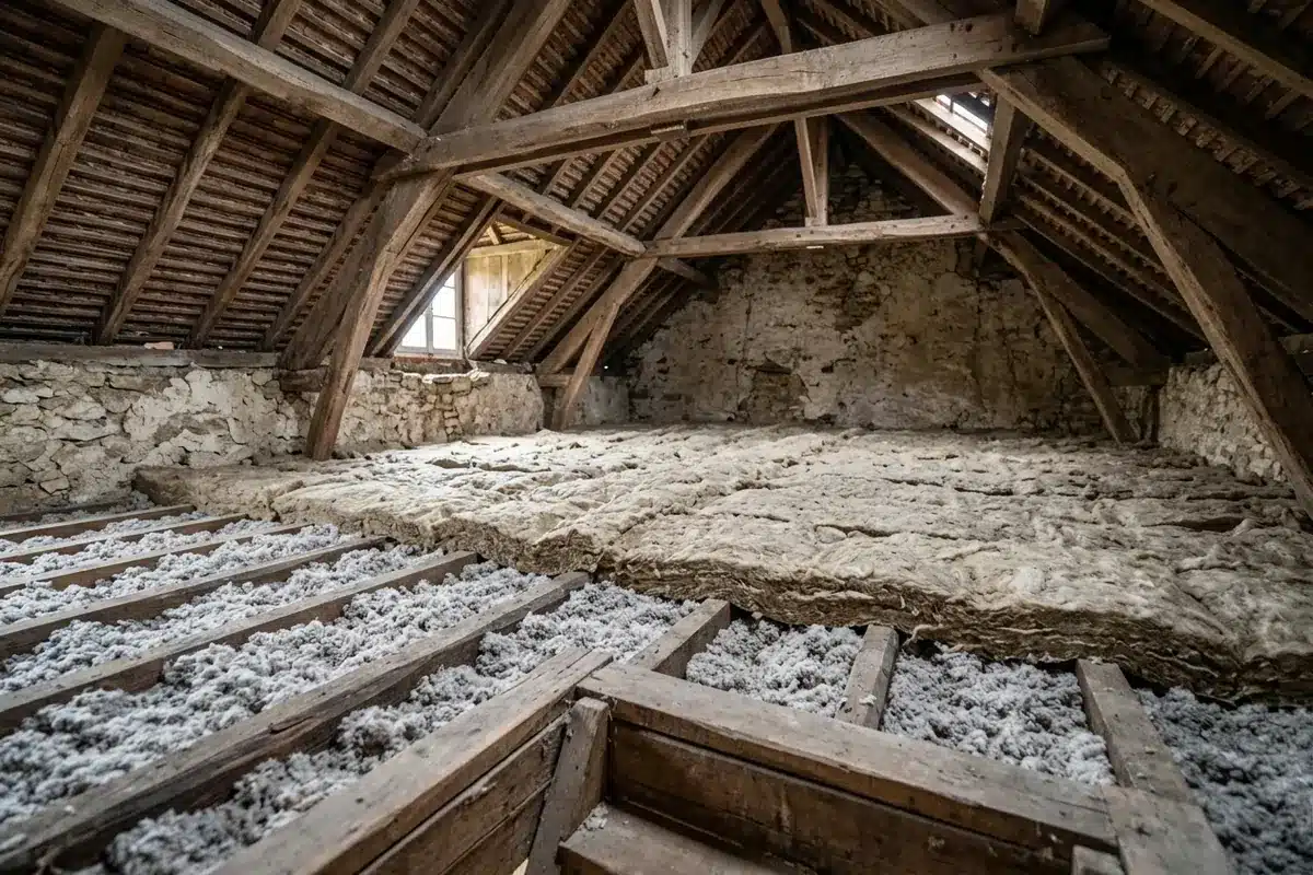 Plancher de combles perdus isolé entre les solives, avec une seconde couche posée en travers par-dessus