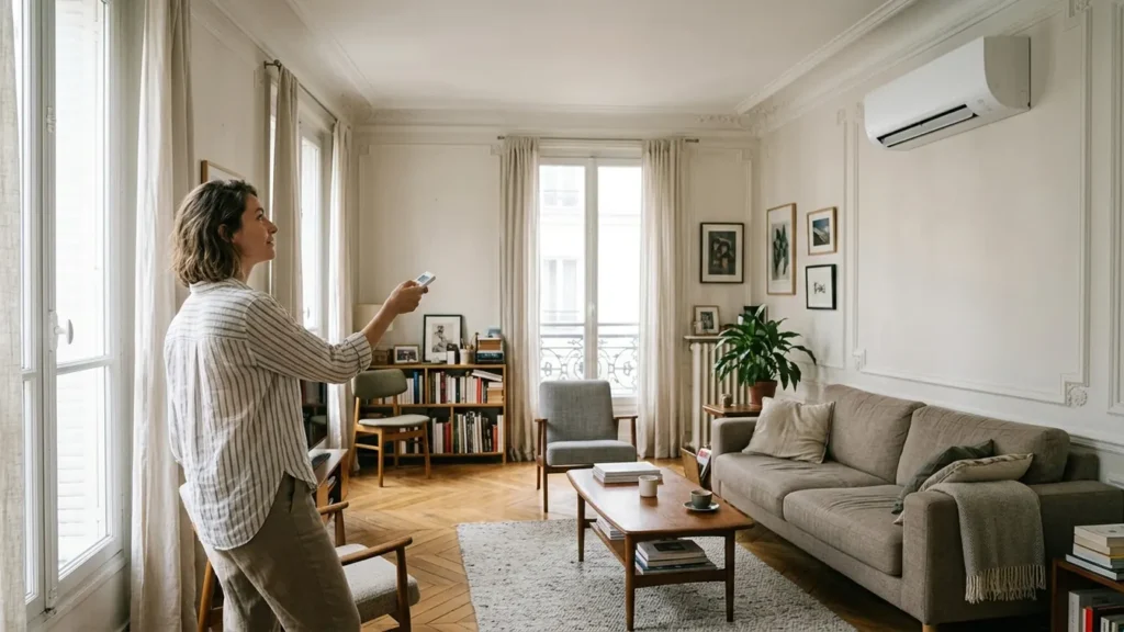 Climatiseur mural Daitsu installé dans le salon d’une maison française