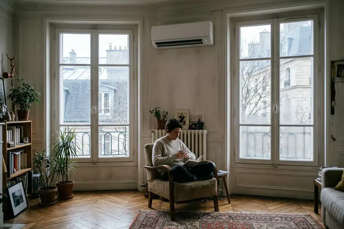 Une climatisation réversible Daitsu chauffe une pièce d’une maison française
