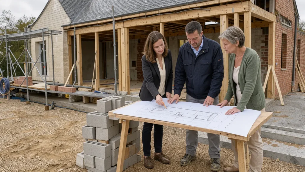 Architecte et maître d’œuvre échangent avec un propriétaire sur un chantier d’extension.