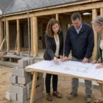 Architecte et maître d’œuvre échangent avec un propriétaire sur un chantier d’extension.