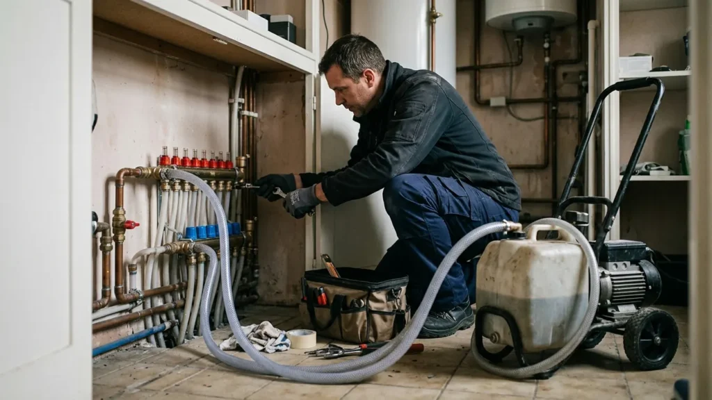 Un chauffagiste désemboue un plancher chauffant depuis son collecteur dans une maison française.