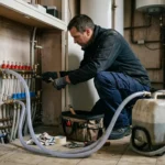 Un chauffagiste désemboue un plancher chauffant depuis son collecteur dans une maison française.