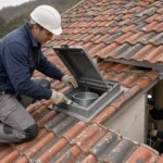 Un artisan vérifie un exutoire de désenfumage sur le toit d’un local professionnel en rénovation en Alsace.