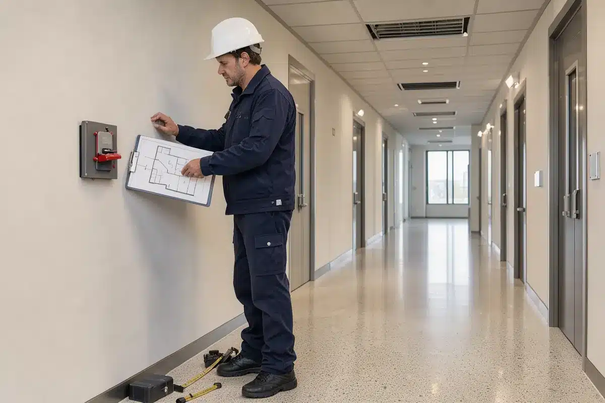 Un technicien contrôle les commandes et les bouches de désenfumage d’un couloir rénové.