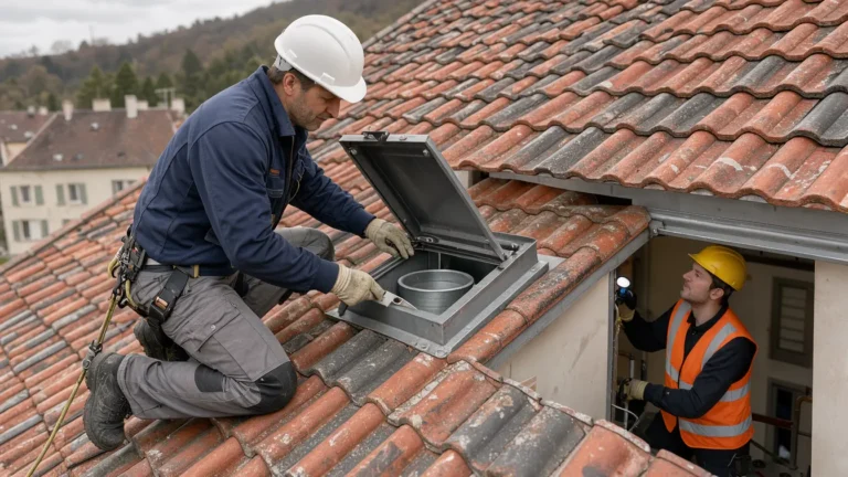 Un artisan vérifie un exutoire de désenfumage sur le toit d’un local professionnel en rénovation en Alsace.