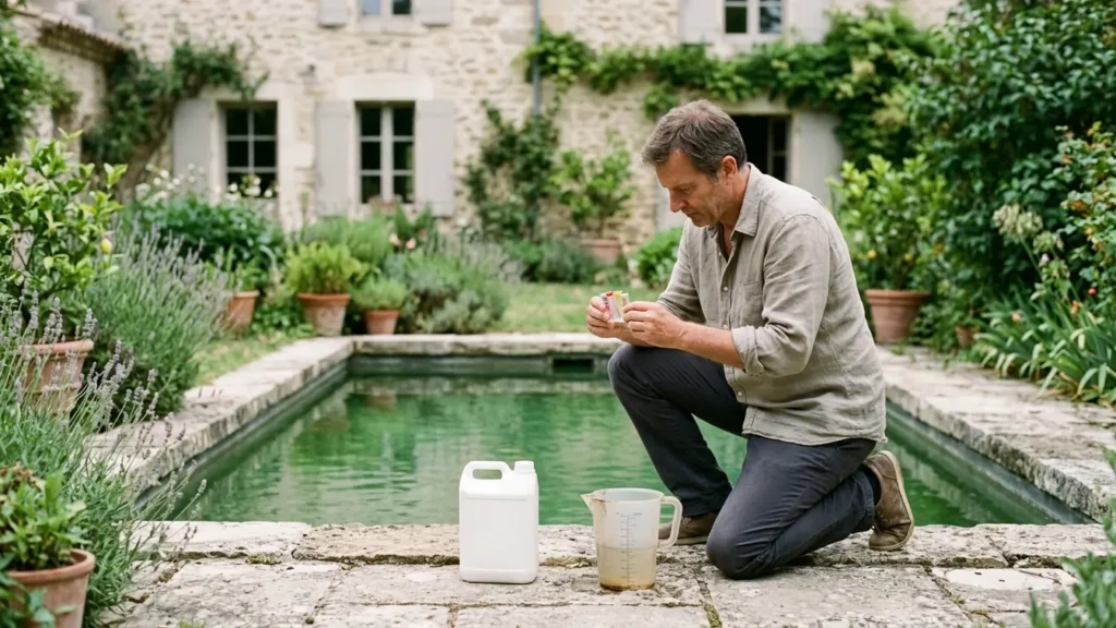 Piscine verte, échantillon d’eau et matériel de mesure pour calculer le dosage de javel