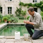 Piscine verte, échantillon d’eau et matériel de mesure pour calculer le dosage de javel