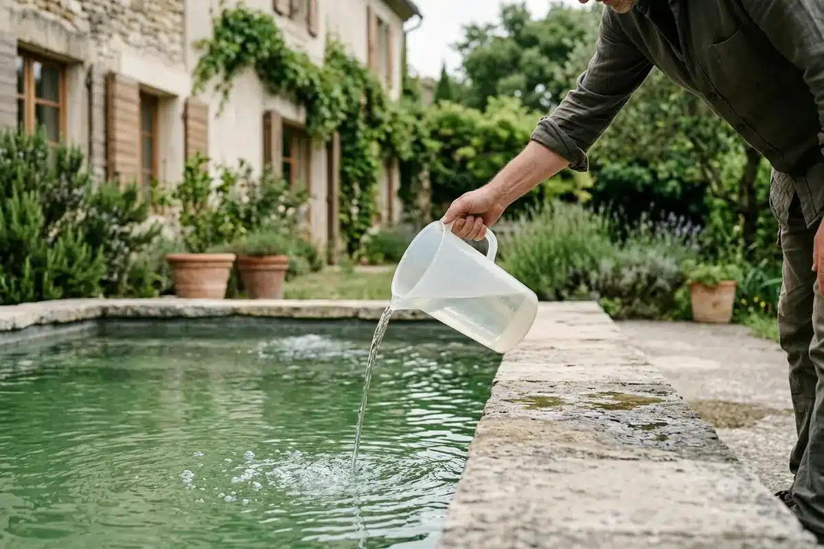 Javel versée progressivement autour d’une piscine verte pendant que la filtration fonctionne