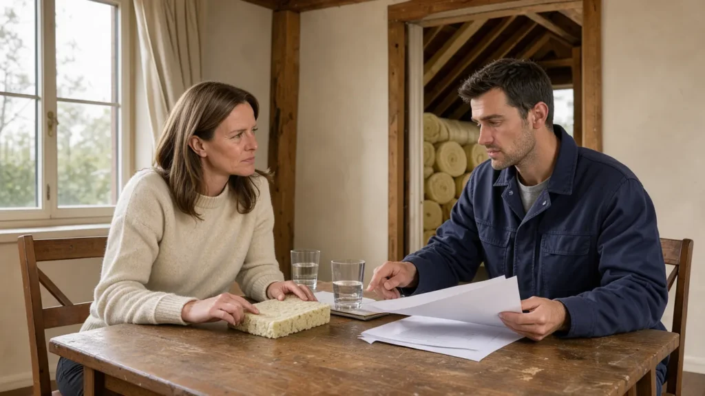Un propriétaire et un artisan discutent du financement de l’isolation d’une maison française.
