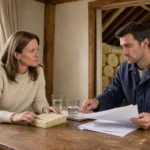 Un propriétaire et un artisan discutent du financement de l’isolation d’une maison française.