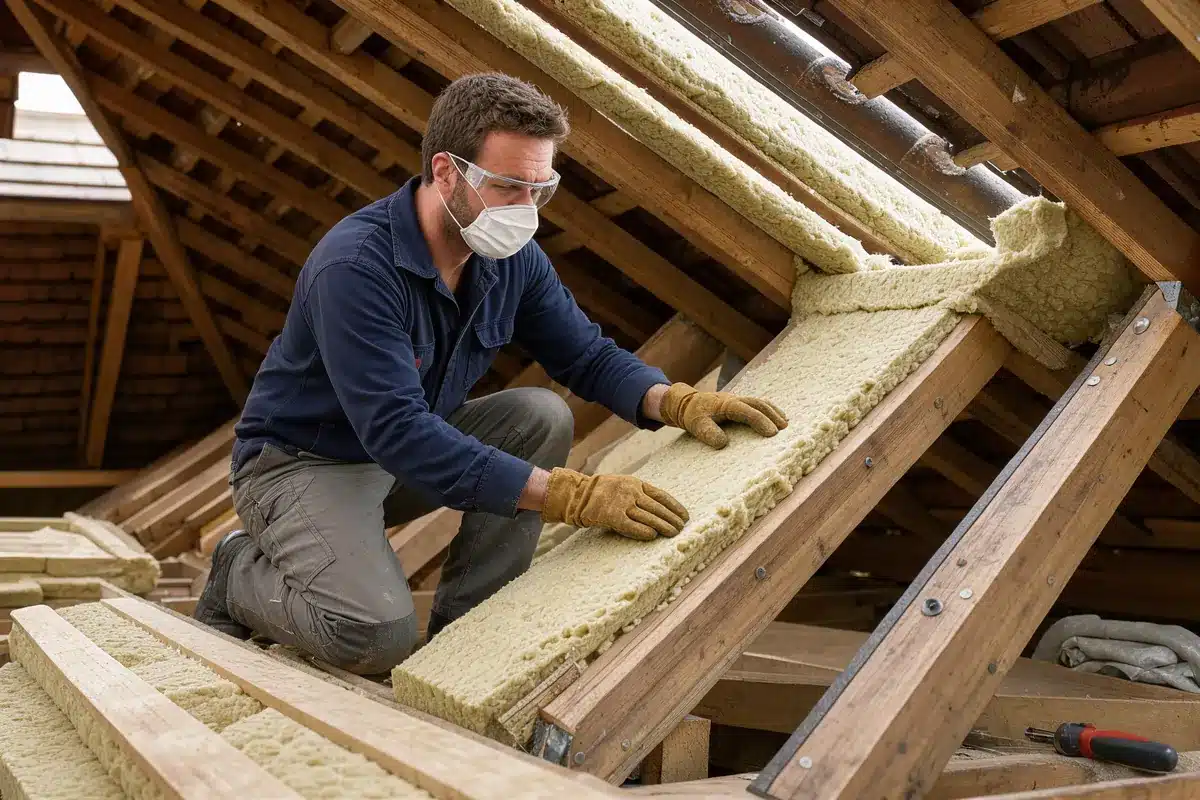 Un artisan pose l’isolant entre les chevrons d’une maison française.