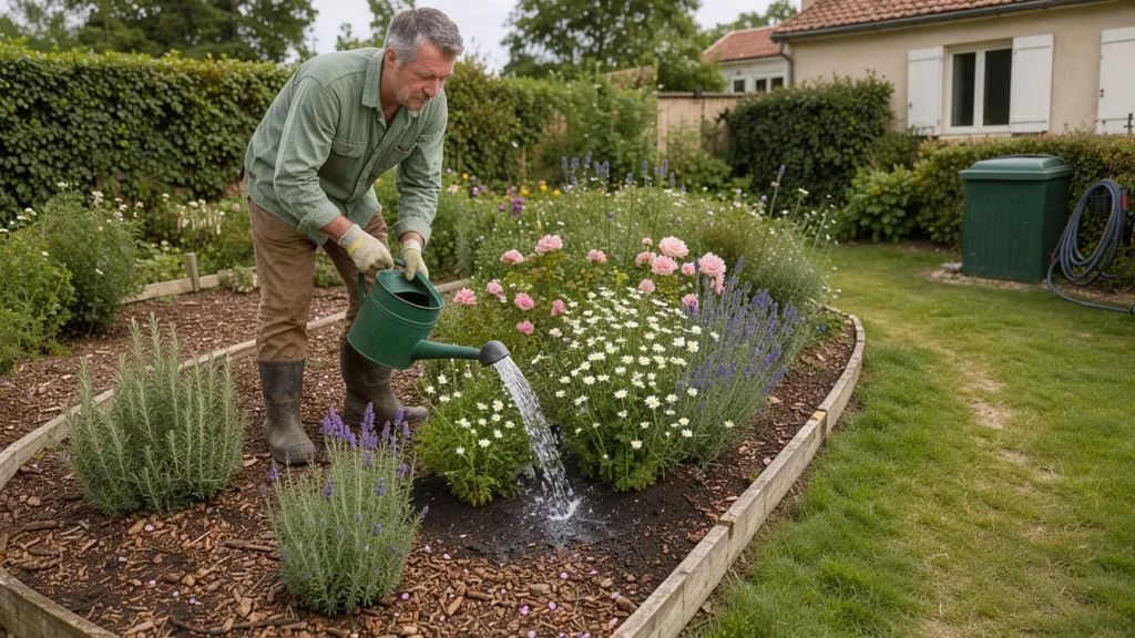 Entretien durable d’un jardin avec arrosage au pied des plantes, paillage, pelouse plus haute et composteur