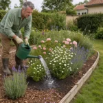 Entretien durable d’un jardin avec arrosage au pied des plantes, paillage, pelouse plus haute et composteur