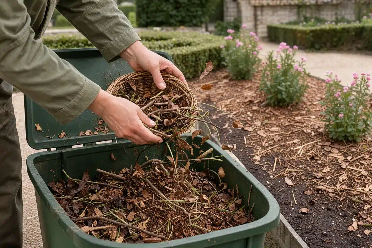 Feuilles mortes et déchets verts au compost, avec un paillage qui protège le sol du massif