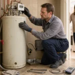Un professionnel vérifie un chauffe-eau électrique dans un logement français.