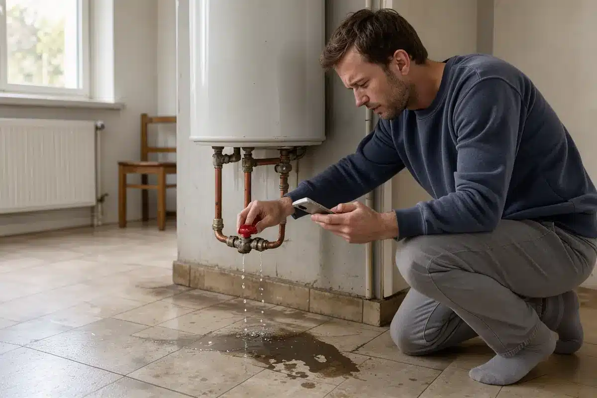 Un locataire coupe l’arrivée d’eau après une fuite du chauffe-eau.