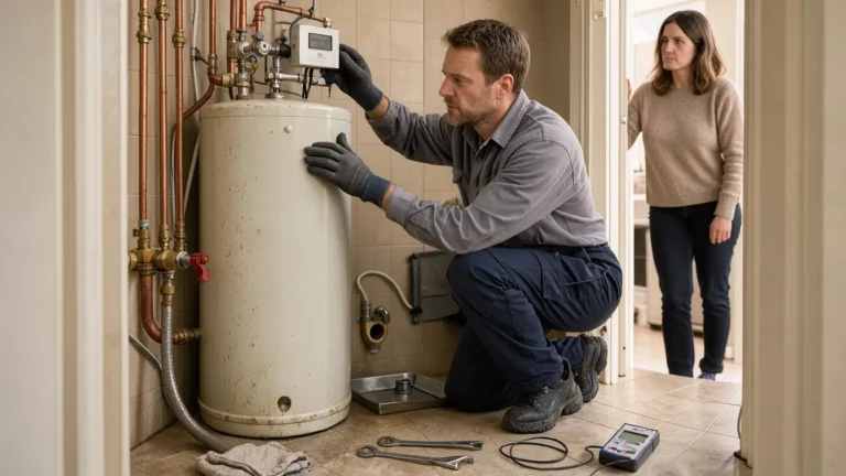 Un professionnel vérifie un chauffe-eau électrique dans un logement français.