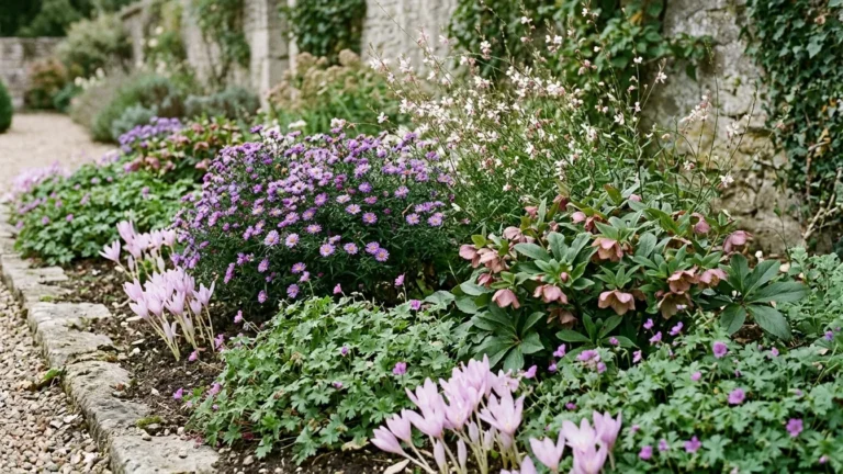 Massif de jardin où hellébores, géraniums vivaces, gauras, asters et colchiques se relaient