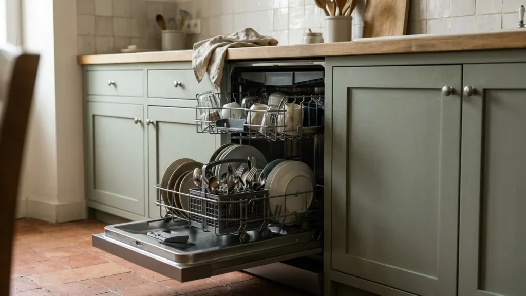 Lave-vaisselle Valberg ouvert dans une cuisine française, avec des assiettes et des verres dans les paniers.