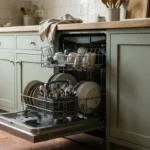 Lave-vaisselle Valberg ouvert dans une cuisine française, avec des assiettes et des verres dans les paniers.