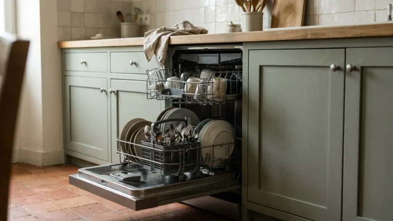 Lave-vaisselle Valberg ouvert dans une cuisine française, avec des assiettes et des verres dans les paniers.