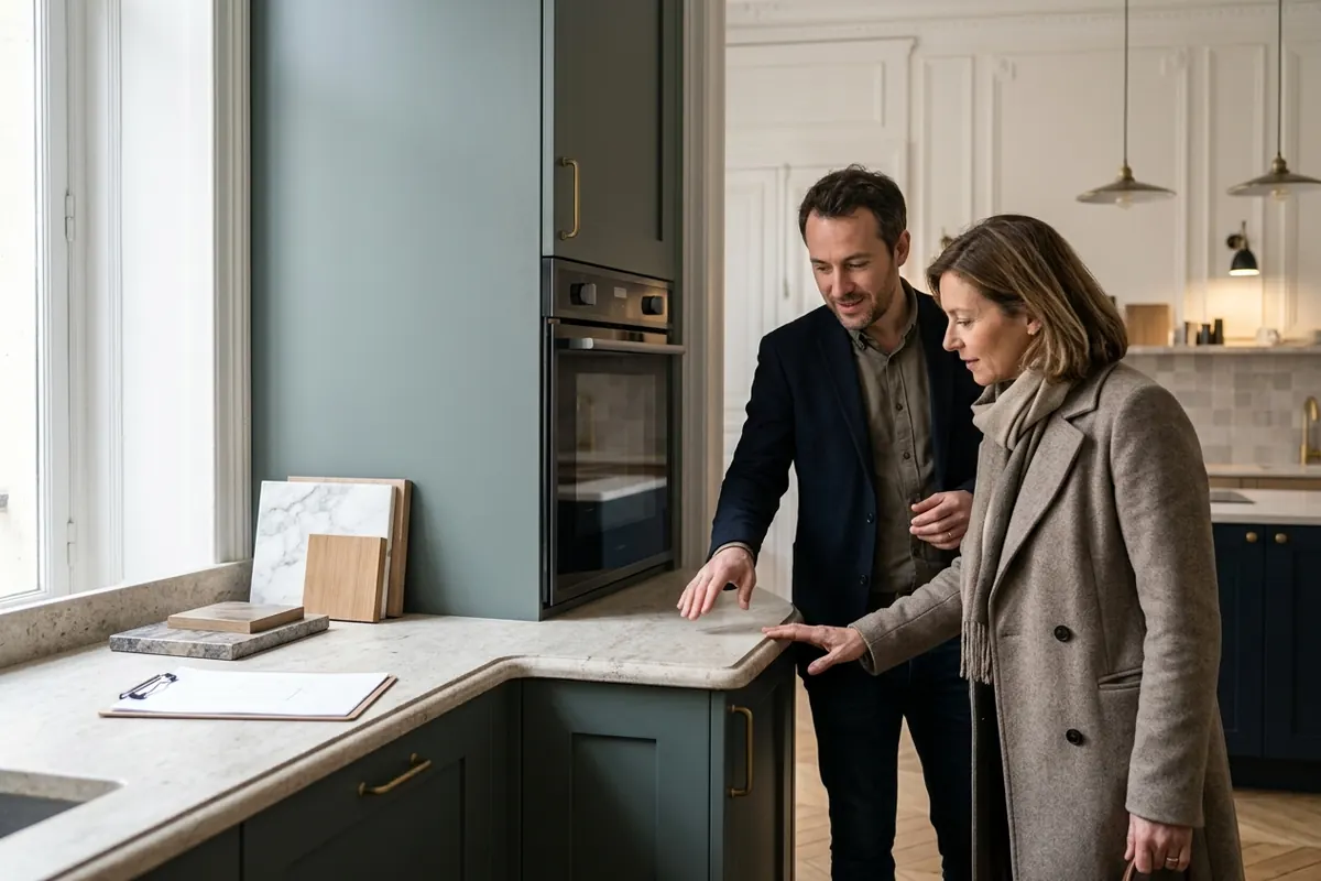 Un client examine le plan de travail et l’électroménager avec un cuisiniste