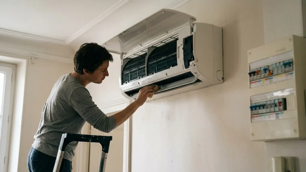 Nettoyage doux du bac à condensats d’une clim Fujitsu Atlantic, alimentation coupée au disjoncteur.