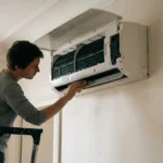 Nettoyage doux du bac à condensats d’une clim Fujitsu Atlantic, alimentation coupée au disjoncteur.