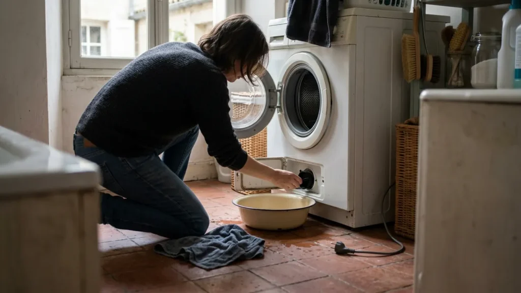 Nettoyage du filtre d’une machine à laver Whirlpool, avec une bassine sous la trappe ouverte.