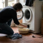 Nettoyage du filtre d’une machine à laver Whirlpool, avec une bassine sous la trappe ouverte.