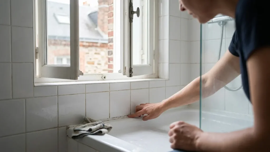 Inspection d’un joint silicone de douche qui sent mauvais dans une salle de bains