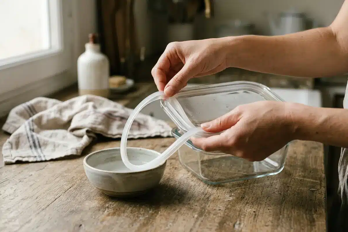 Joint silicone amovible retiré d’une boîte alimentaire pour être nettoyé