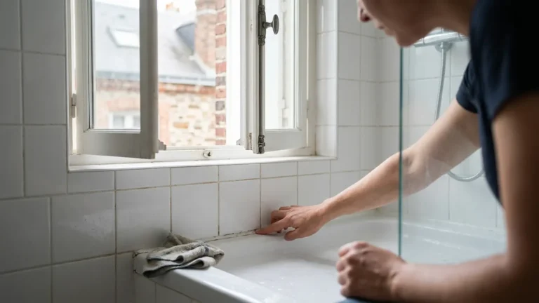 Inspection d’un joint silicone de douche qui sent mauvais dans une salle de bains